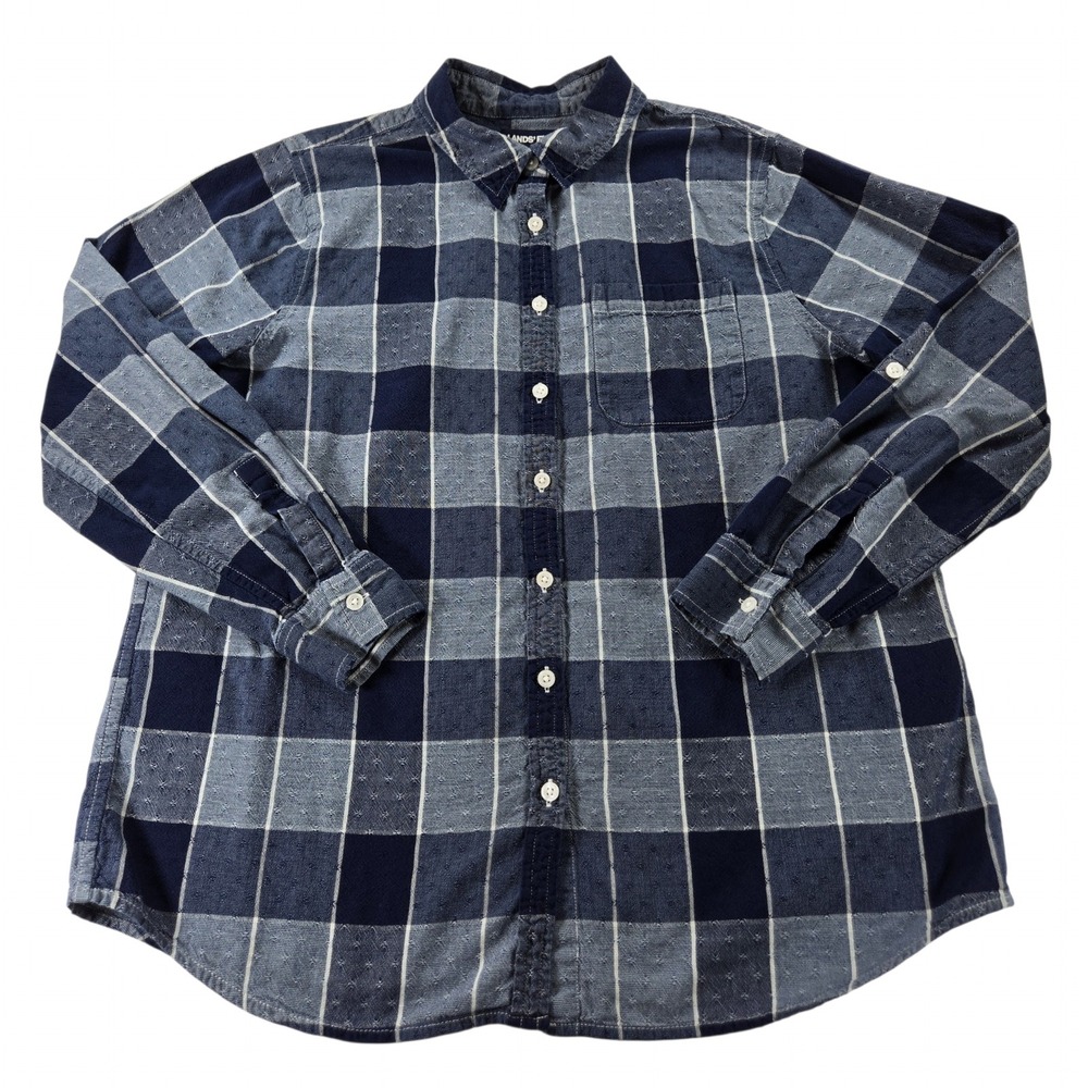 Lands End Womens Large 14 16 Blue Plaid Dobby Cotton Button Down Shirt